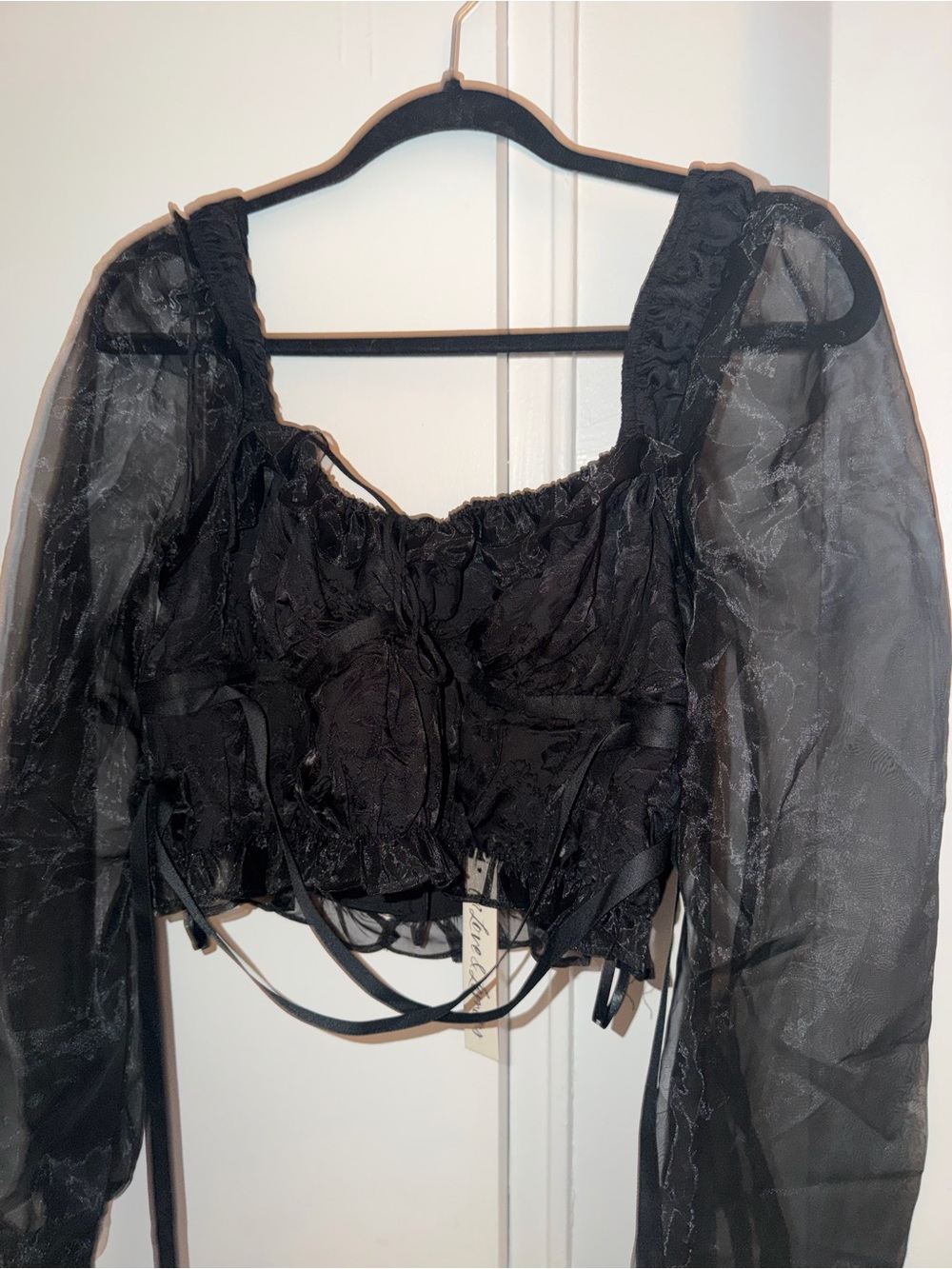 For Love And Lemons Black Sheer Puff-Sleeve Cropped Bustier
